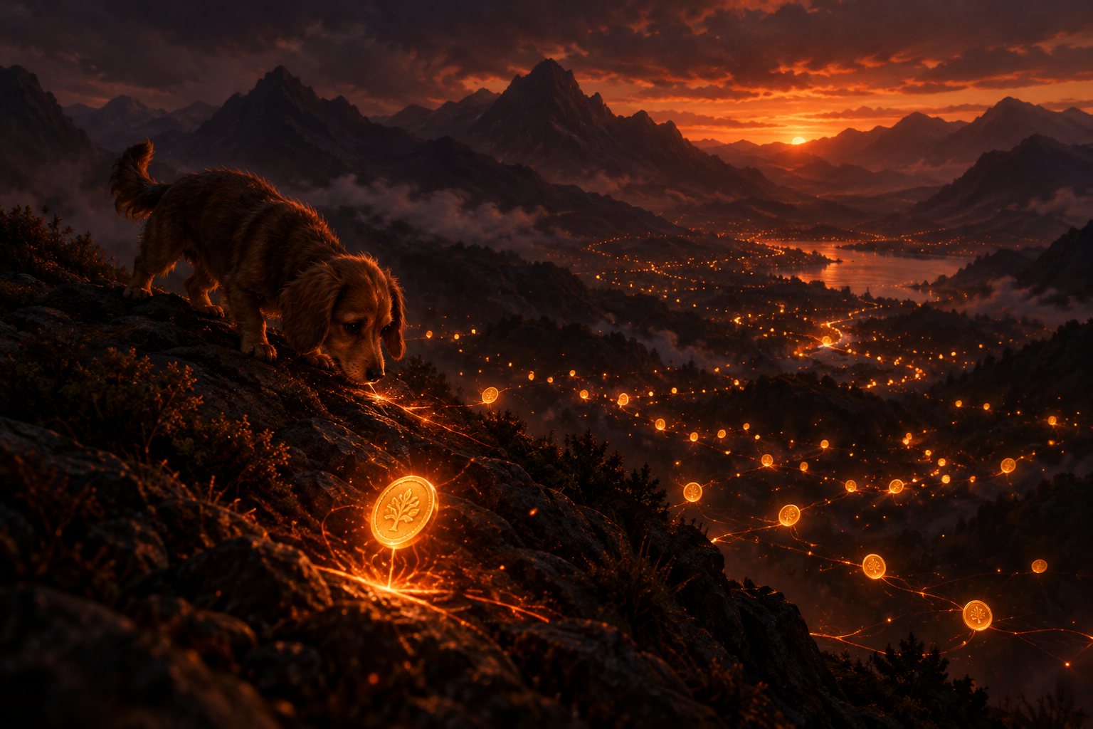 A small brown dog on a dark ridge, nose to the ground, following glowing threads that link hundreds of coins across a valley