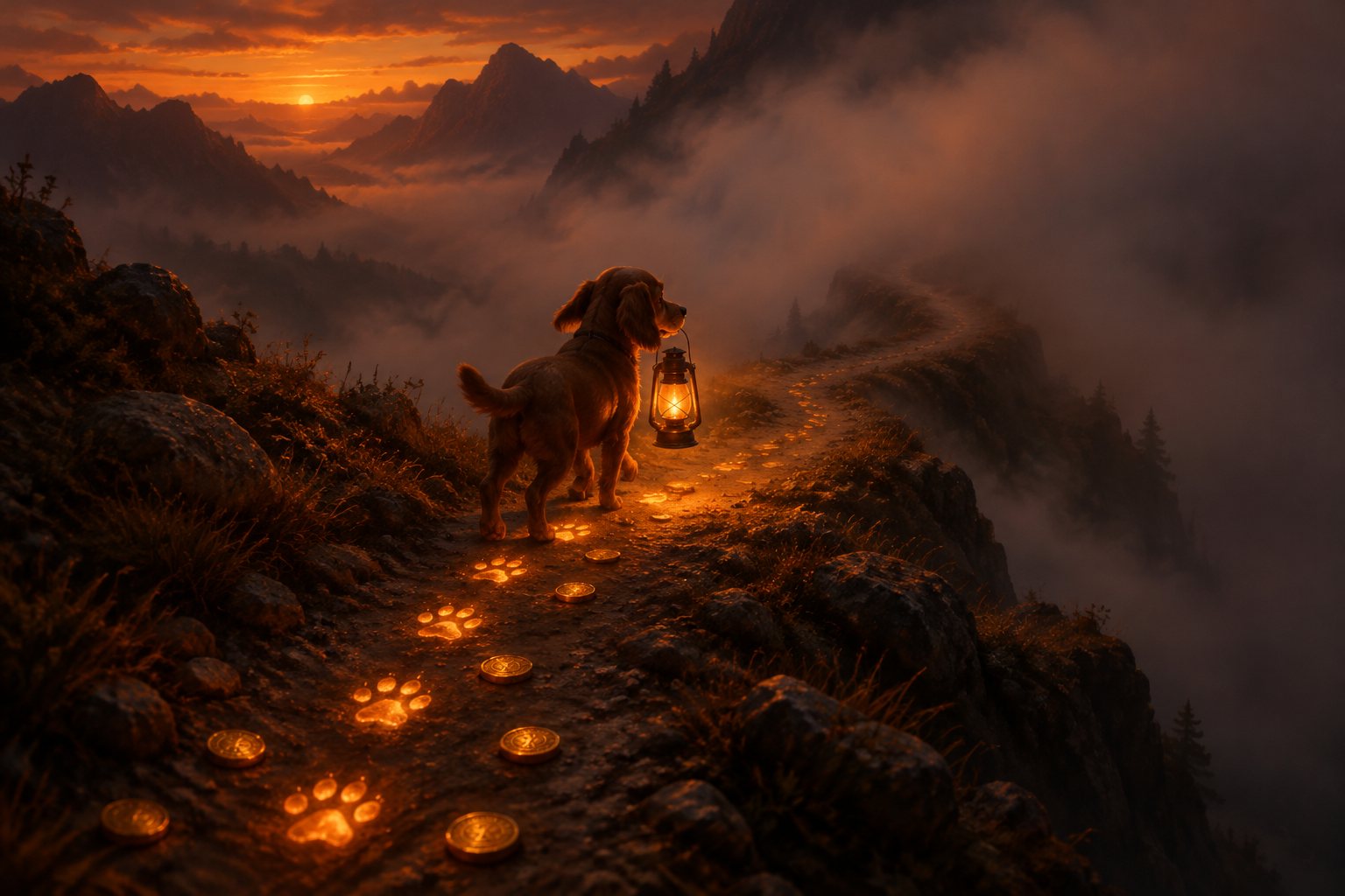 A small dog carrying a lantern on a mountain path at dusk; the light shows the footprints and coins behind it clearly while the path ahead disappears into fog