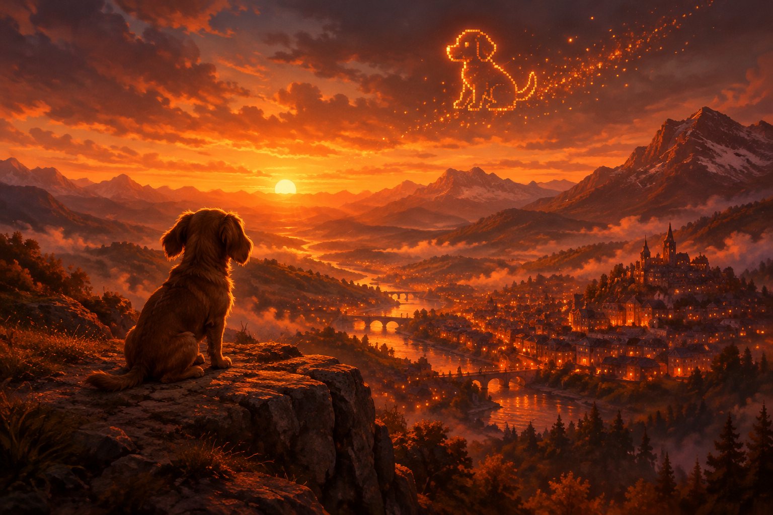 A small dog sitting on a cliff at sunrise, looking over a valley with a lit town, while ember sparks draw a pixel-art dog in the sky